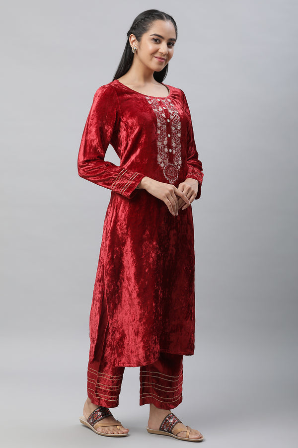 Maroon Velvet Embellished Kurta & Palazzo Set