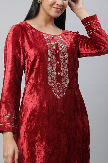 Maroon Velvet Embellished Kurta &amp; Palazzo Set