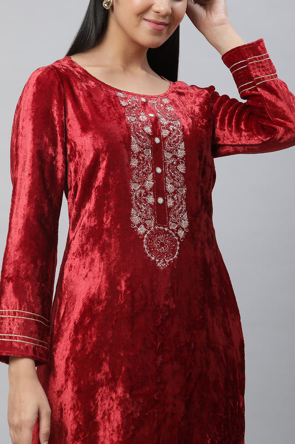 Maroon Velvet Embellished Kurta & Palazzo Set