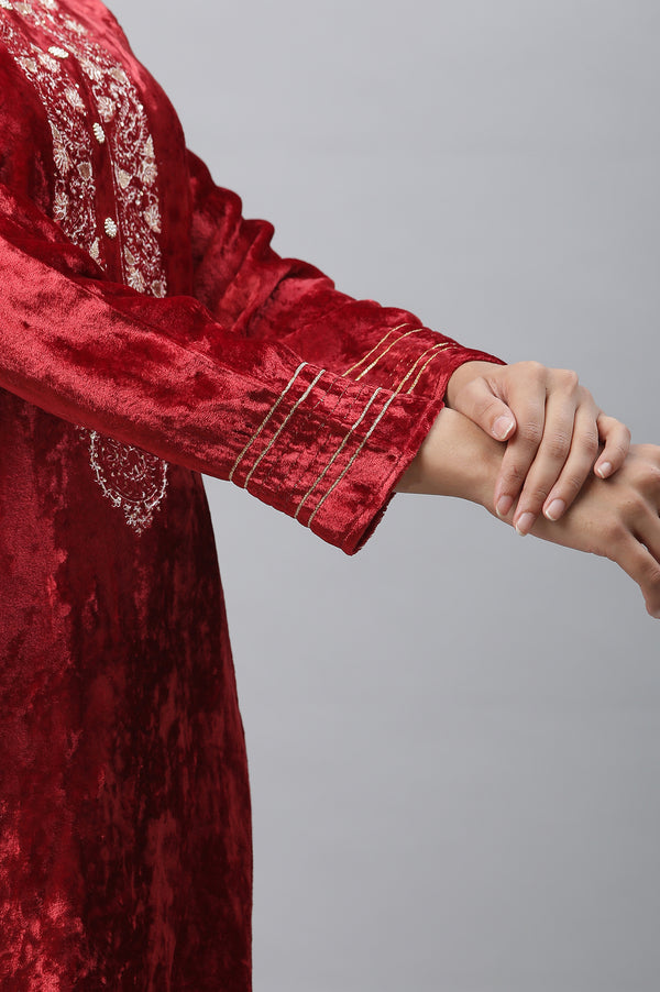 Maroon Velvet Embellished Kurta & Palazzo Set