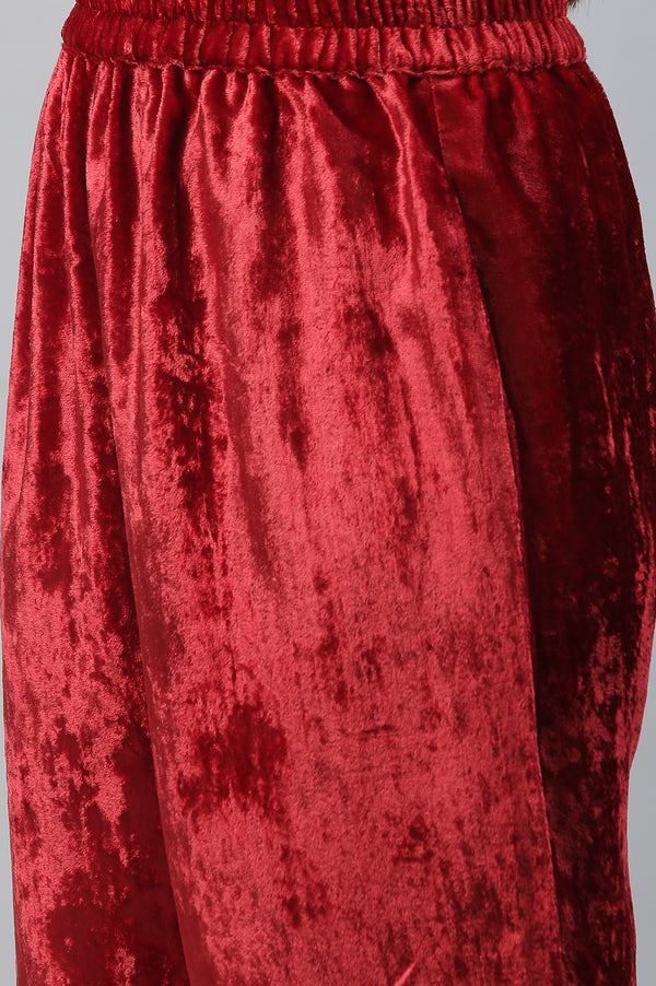 Maroon Velvet Embellished Kurta & Palazzo Set