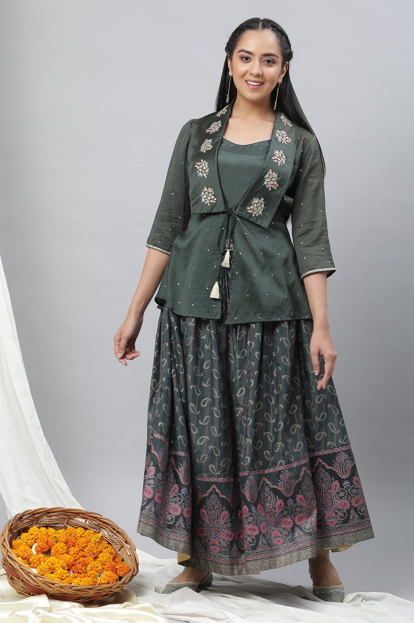 Dark Green Embroidered Crop Top, Embroidered Jacket and Skirt Set