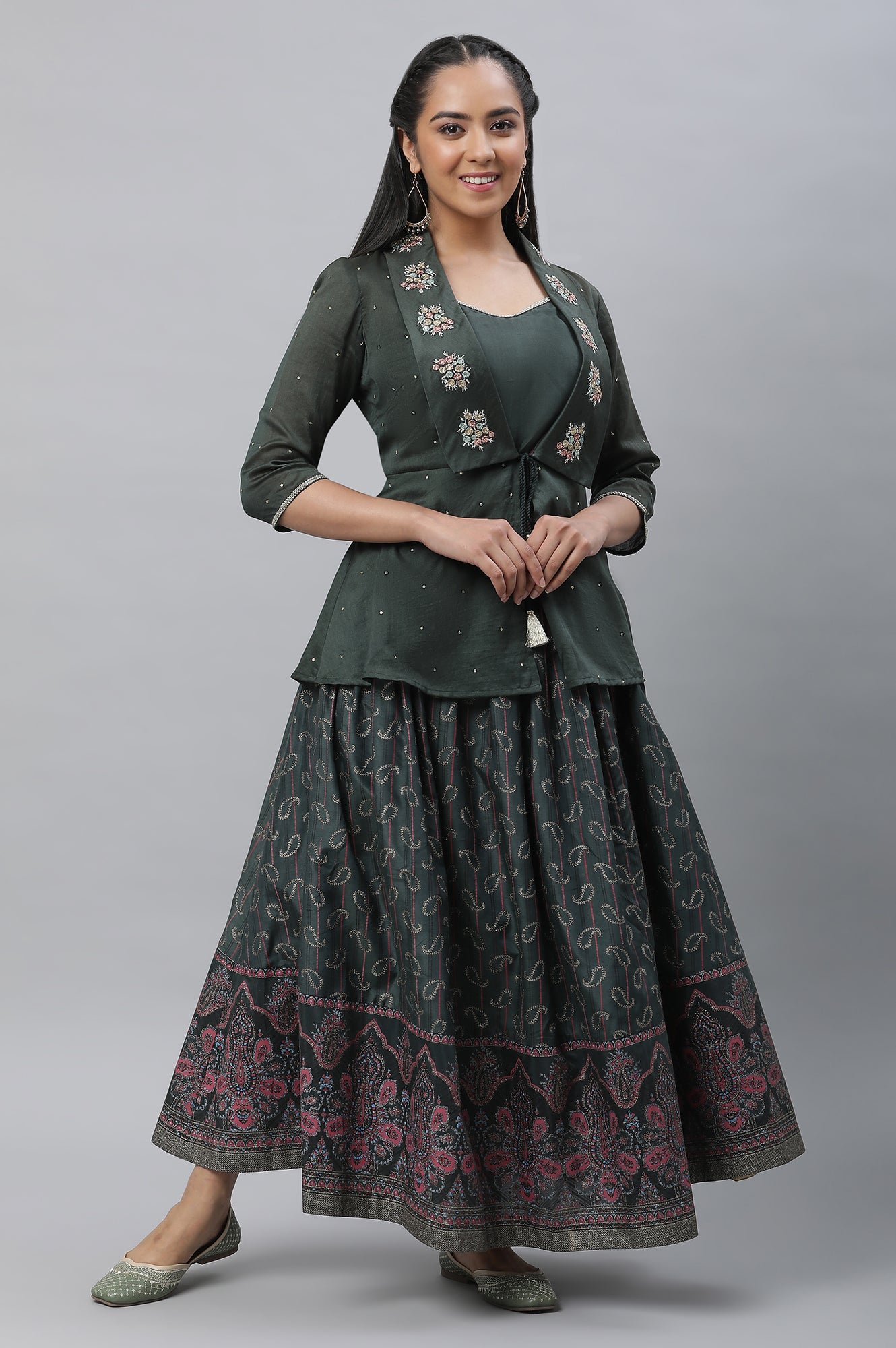 Dark Green Embroidered Crop Top, Embroidered Jacket and Skirt Set