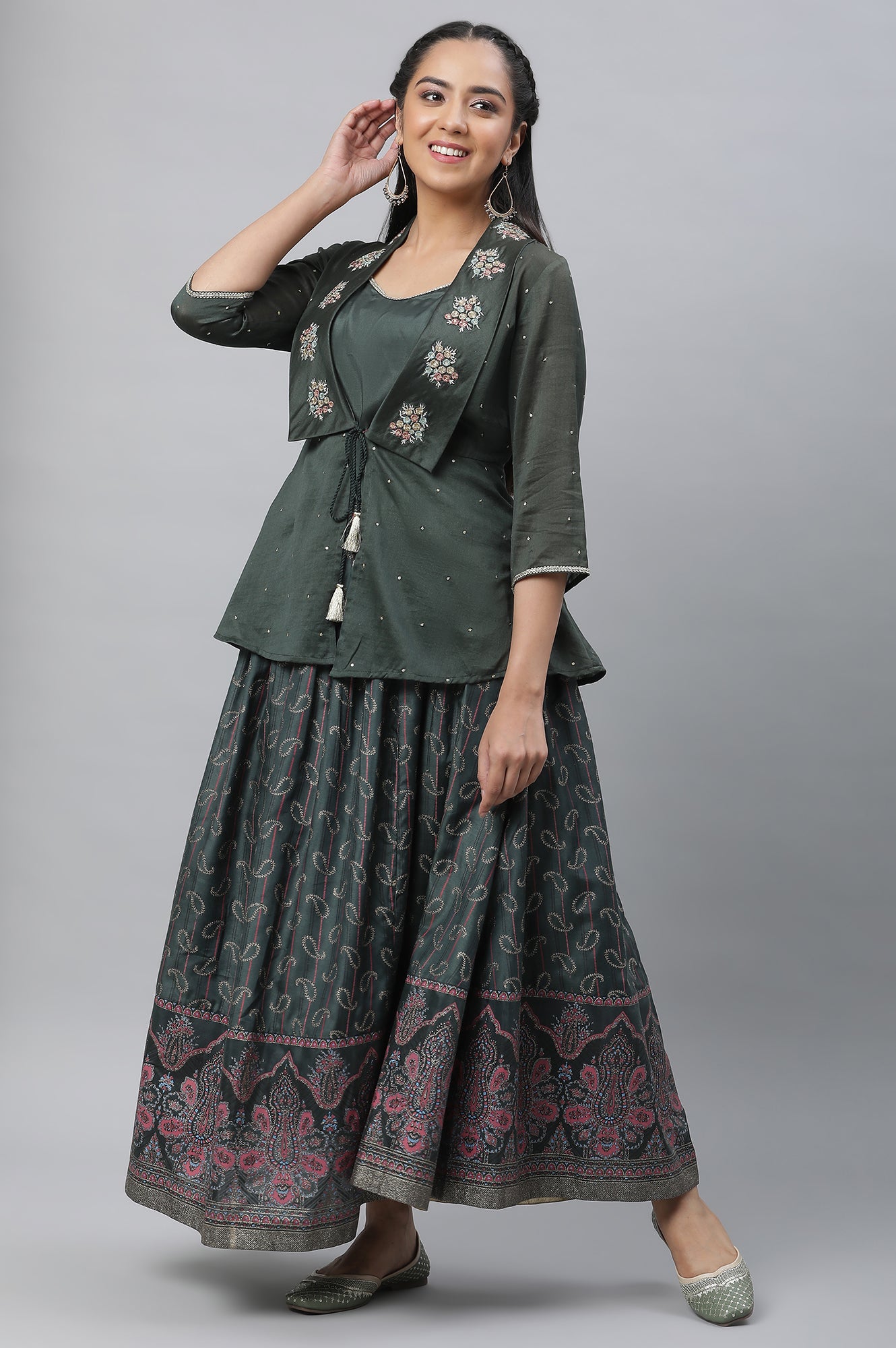 Dark Green Embroidered Crop Top, Embroidered Jacket and Skirt Set