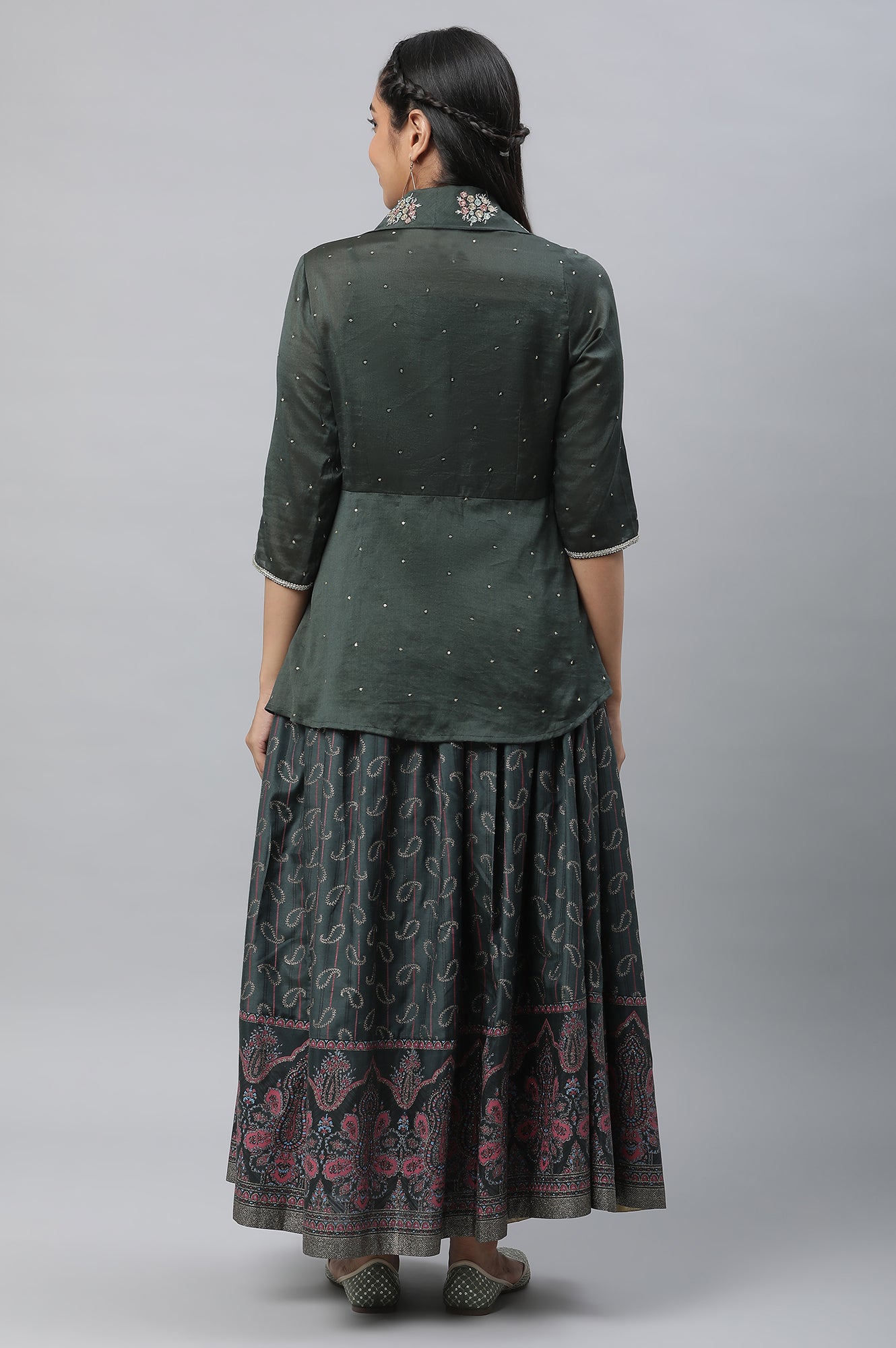 Dark Green Embroidered Crop Top, Embroidered Jacket and Skirt Set