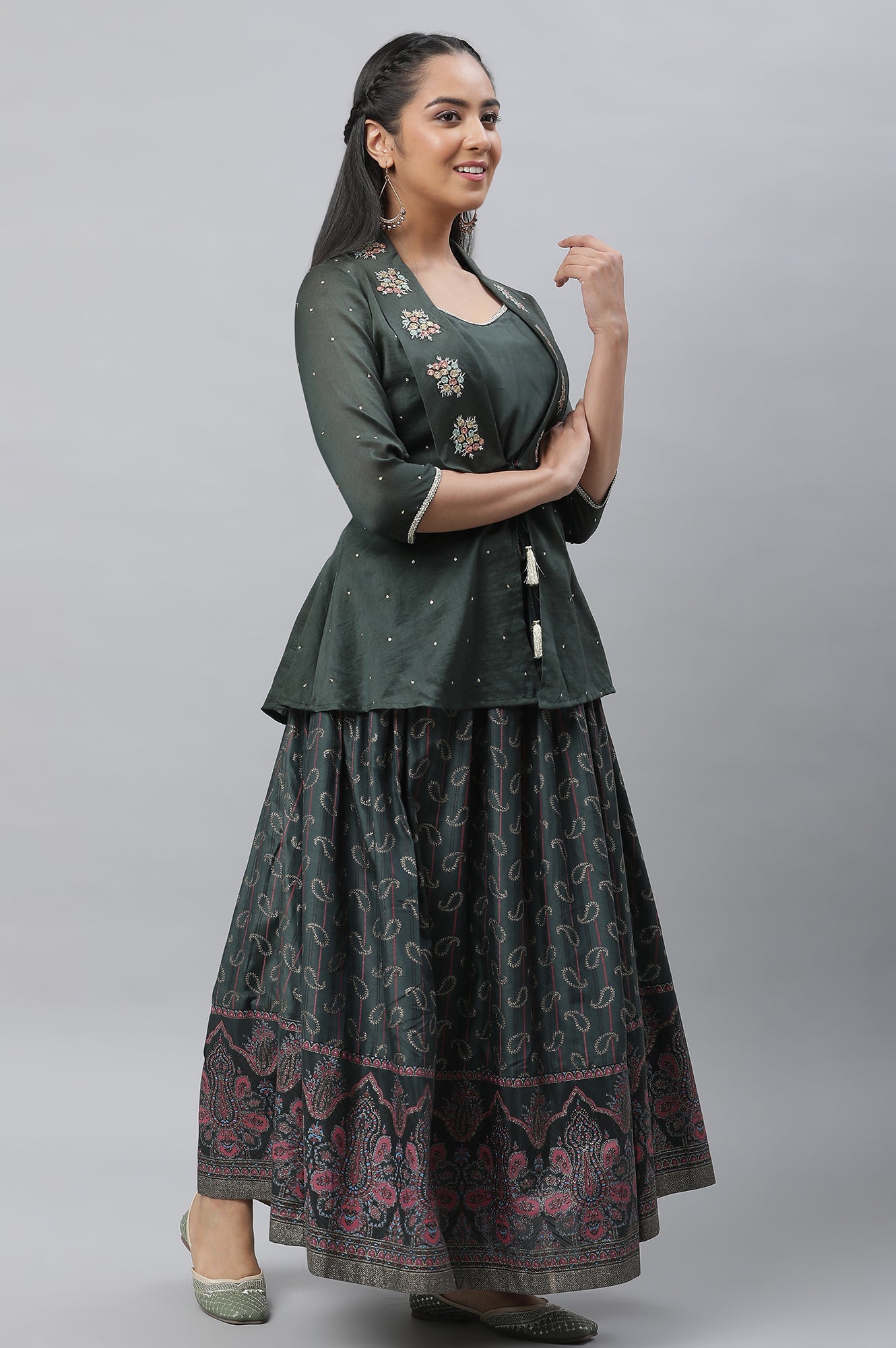 Dark Green Embroidered Crop Top, Embroidered Jacket and Skirt Set