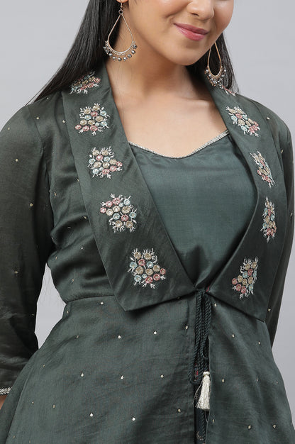 Dark Green Embroidered Crop Top, Embroidered Jacket and Skirt Set