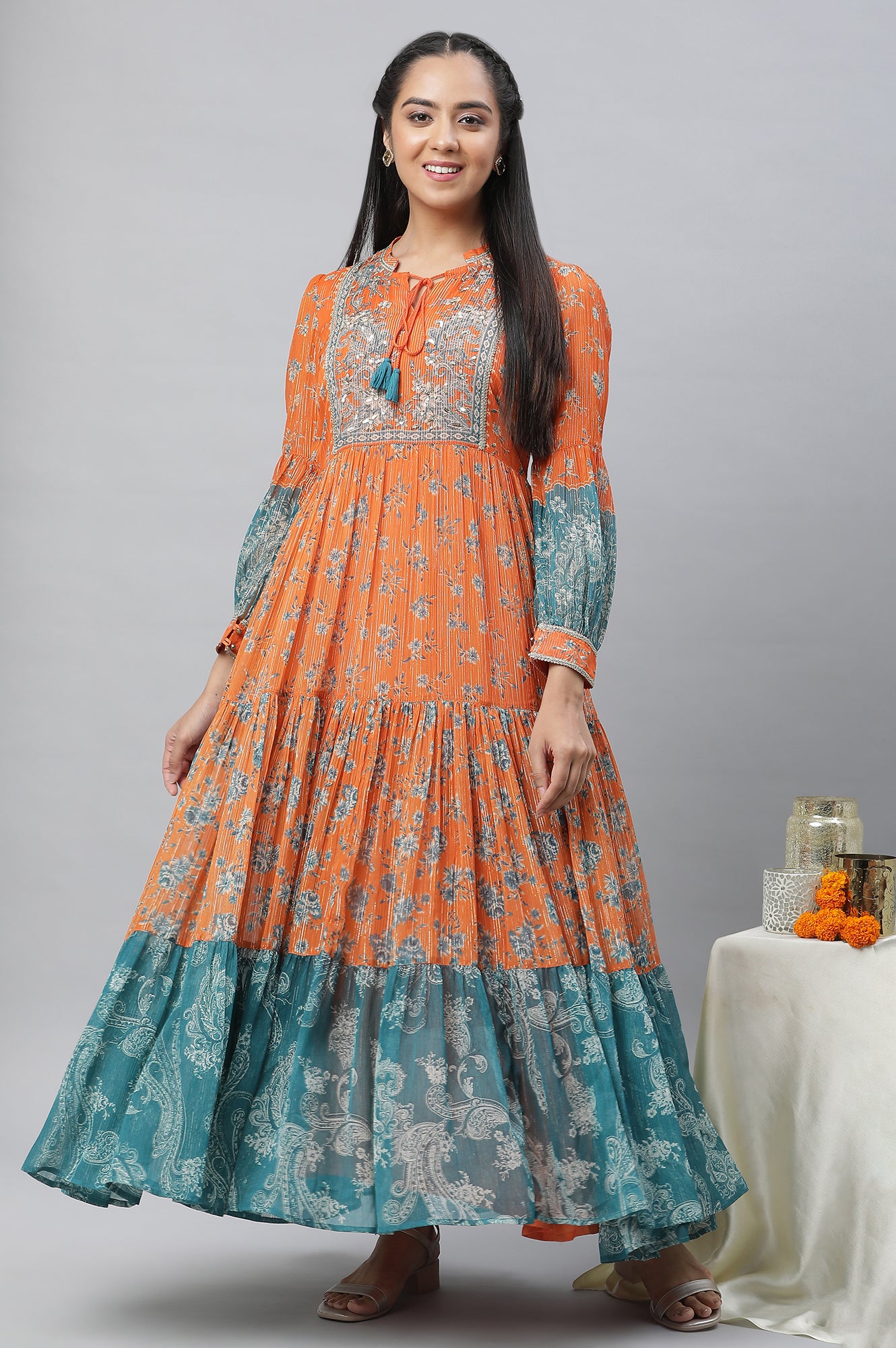 Orange Printed and Embellished with Handwork A-line Dress