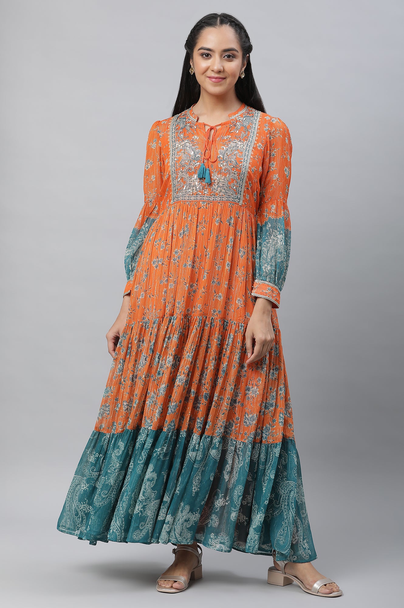 Oramge Printed and Embellished with Handwork A-line Dress