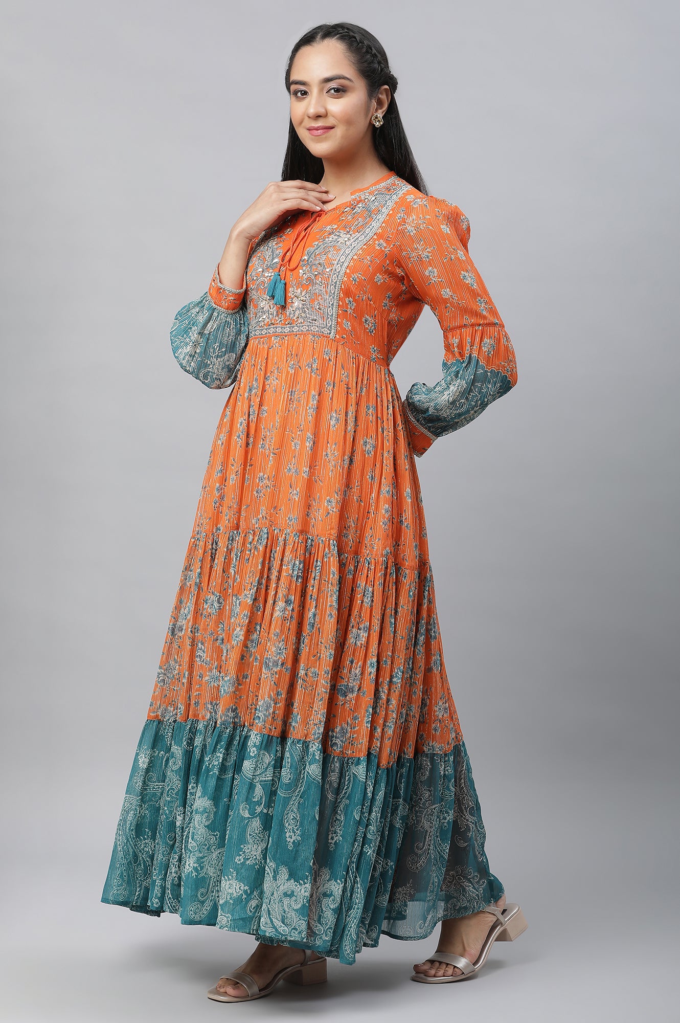 Oramge Printed and Embellished with Handwork A-line Dress