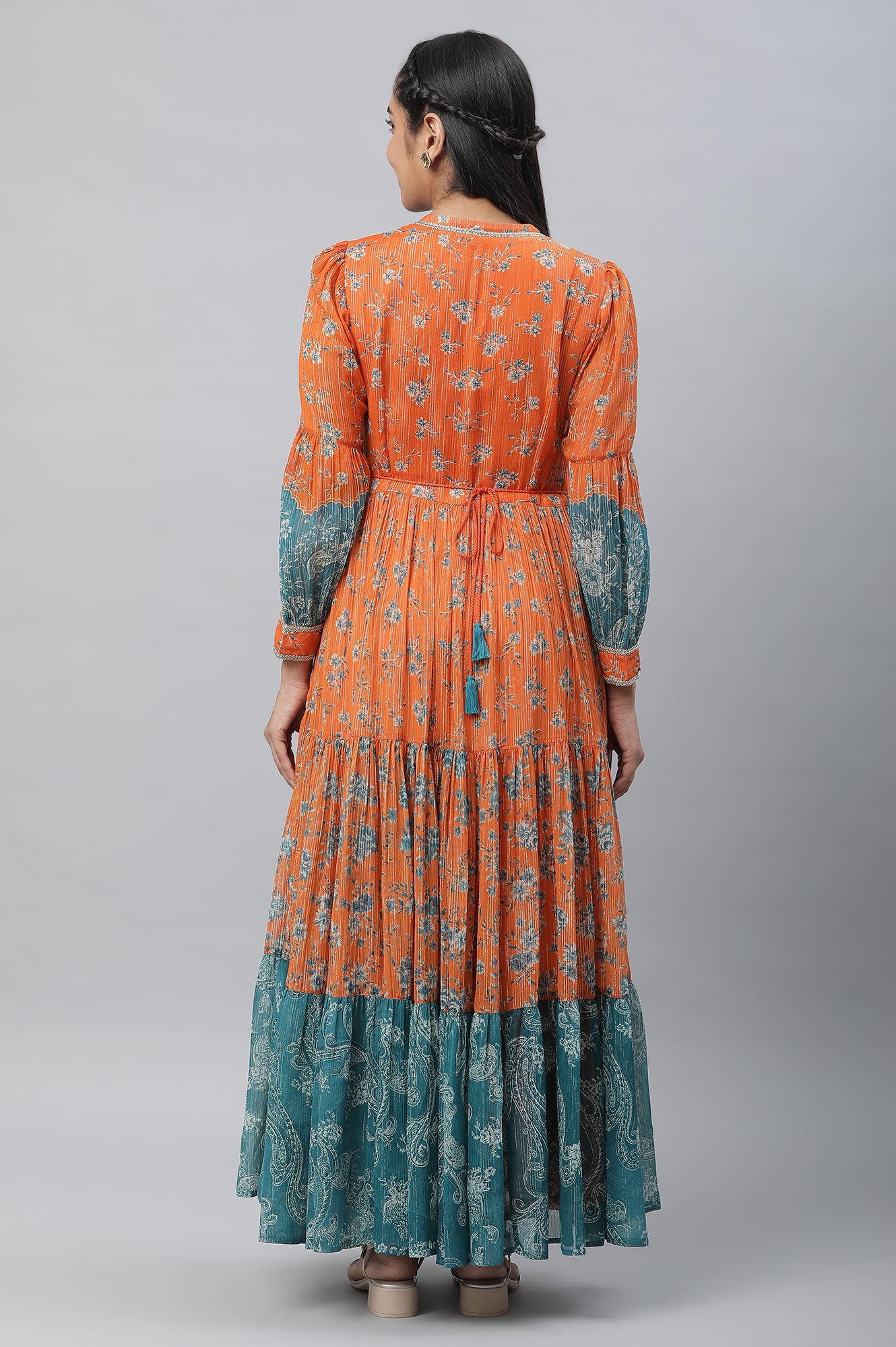 Orange Printed and Embellished with Handwork A-line Dress