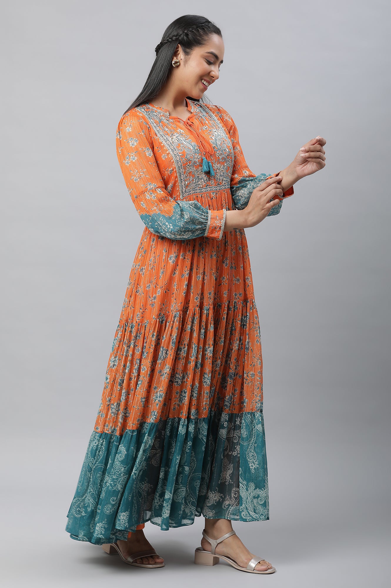 Orange Printed and Embellished with Handwork A-line Dress