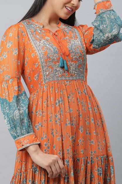 Orange Printed and Embellished with Handwork A-line Dress