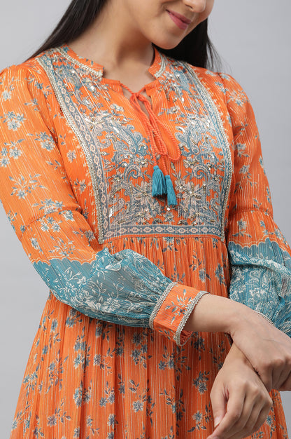 Orange Printed and Embellished with Handwork A-line Dress