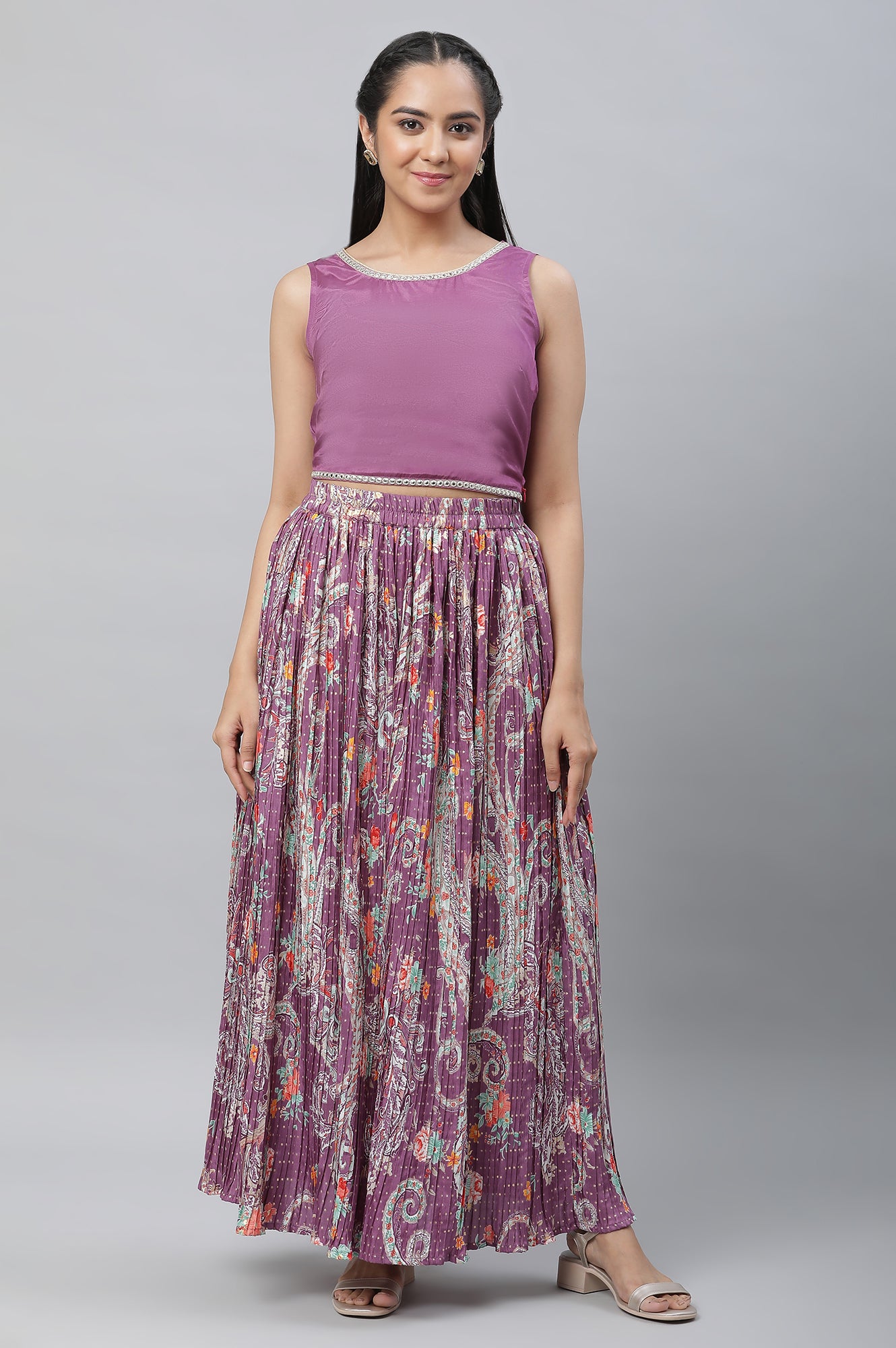 Purple Net Embellished Gilet, Crop Top and Pleated Skirt Set