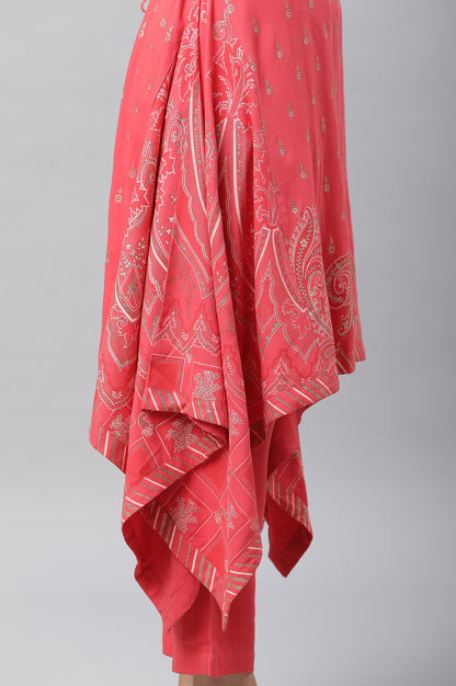 Red Asymmetrical Kurta, Trousers and Dupatta Set