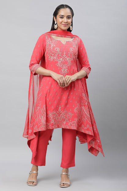 Red Asymmetrical Kurta, Trousers and Dupatta Set