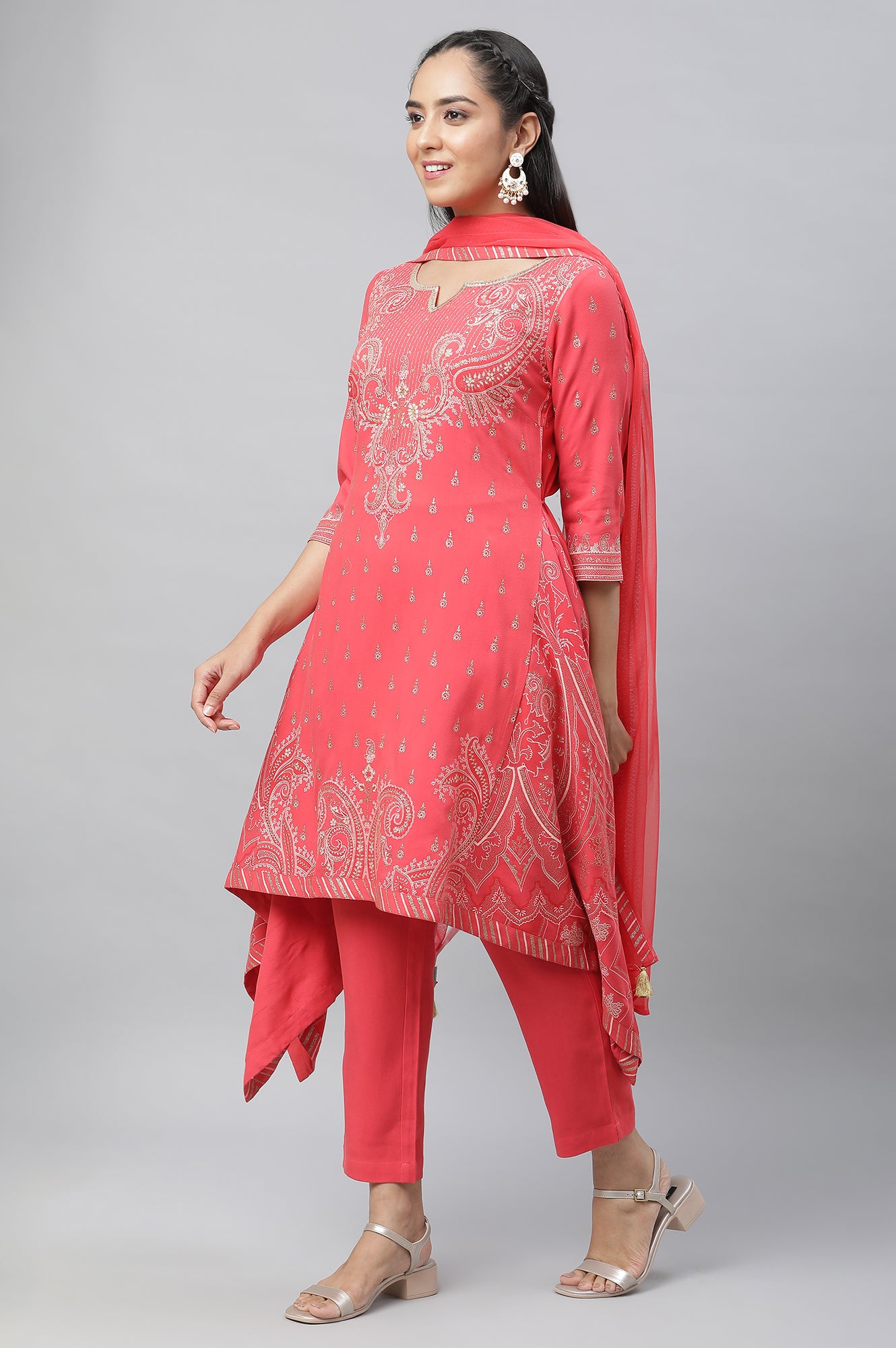 Red Asymmetrical Kurta, Trousers and Dupatta Set