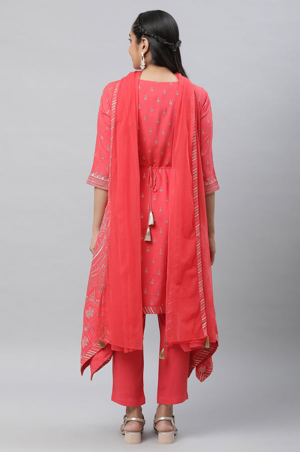 Red Asymmetrical Kurta, Trousers and Dupatta Set