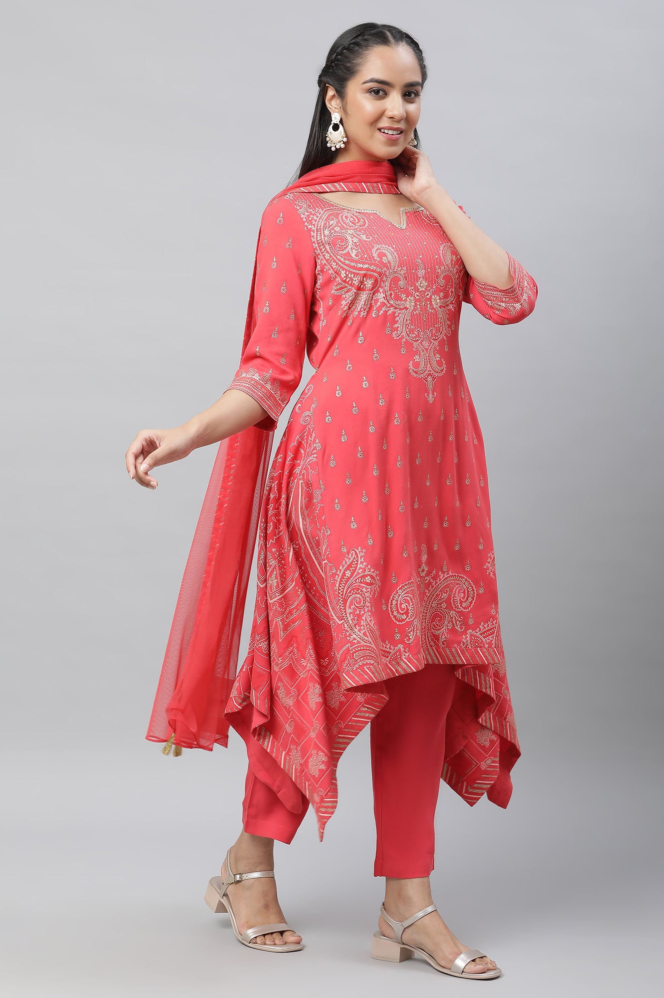 Red Asymmetrical Kurta, Trousers and Dupatta Set