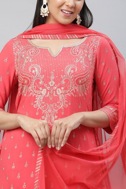 Red Asymmetrical Kurta, Trousers and Dupatta Set