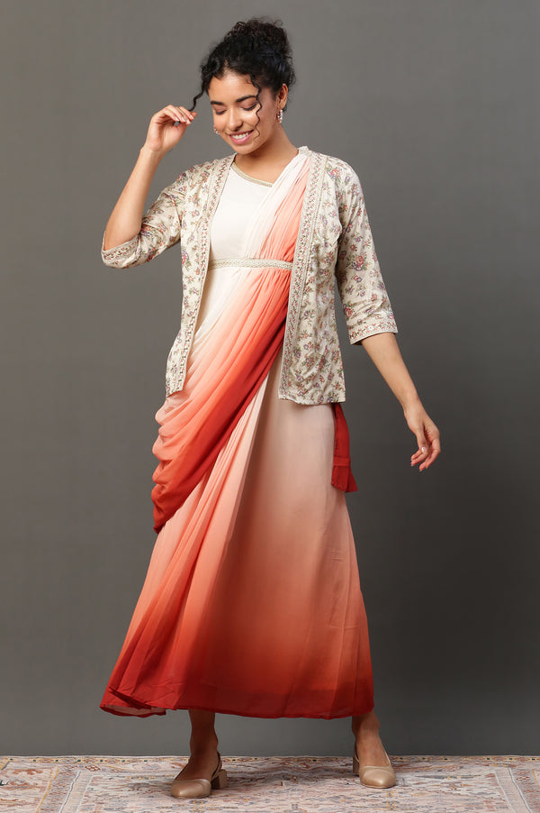 Cream Embellished Ombrey Saree Dress with Short Jacket