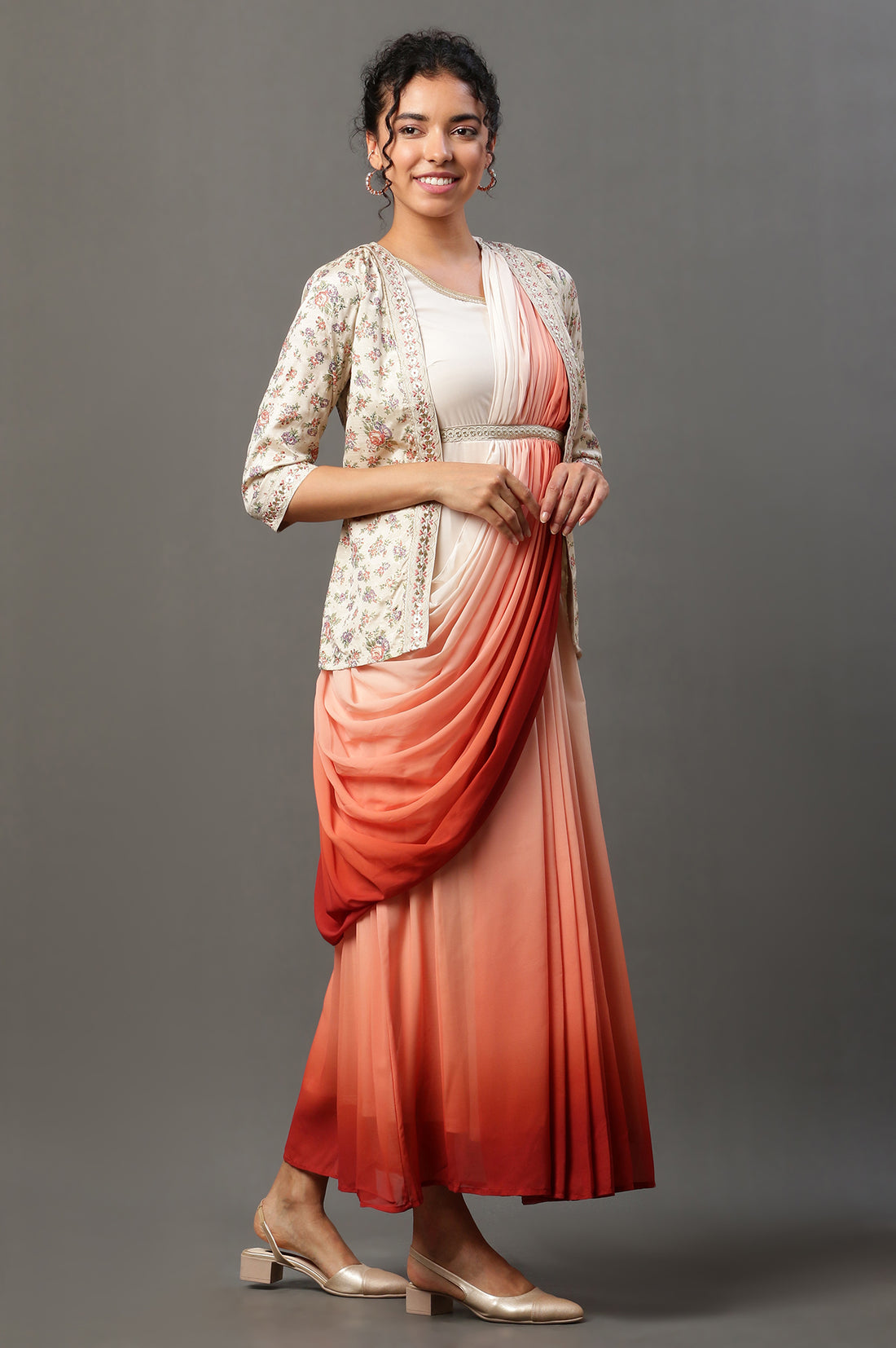 Cream Embellished Ombrey Saree Dress with Short Jacket