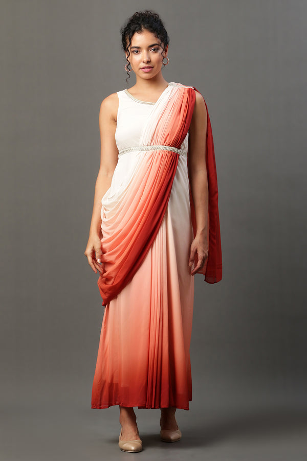 Cream Embellished Ombrey Saree Dress with Short Jacket