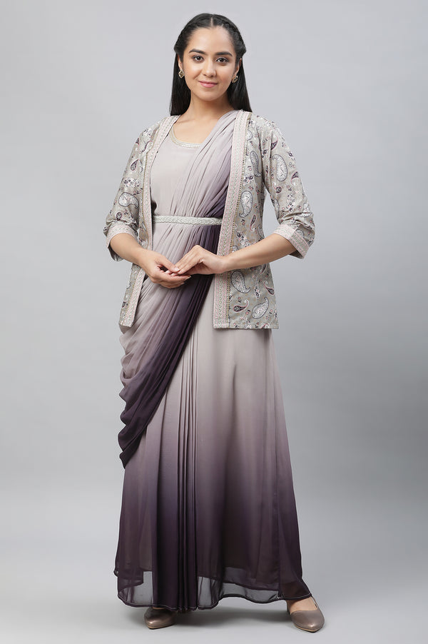 Grey Embellished Ombrey Saree Dress with Short Jacket