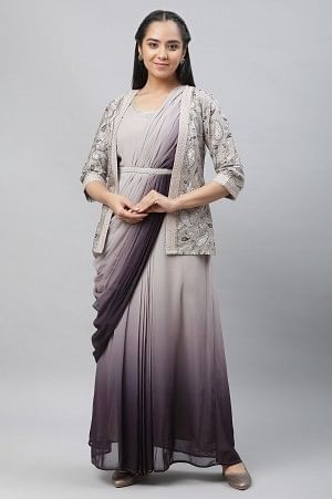 Grey Embellished Ombrey Saree Dress with Short Jacket