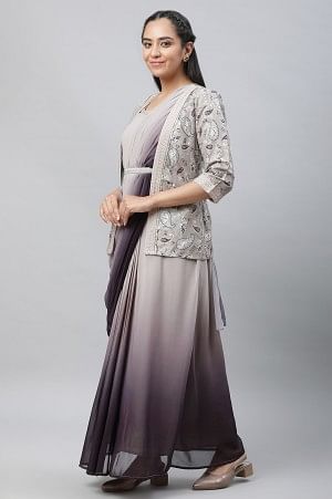 Grey Embellished Ombrey Saree Dress with Short Jacket