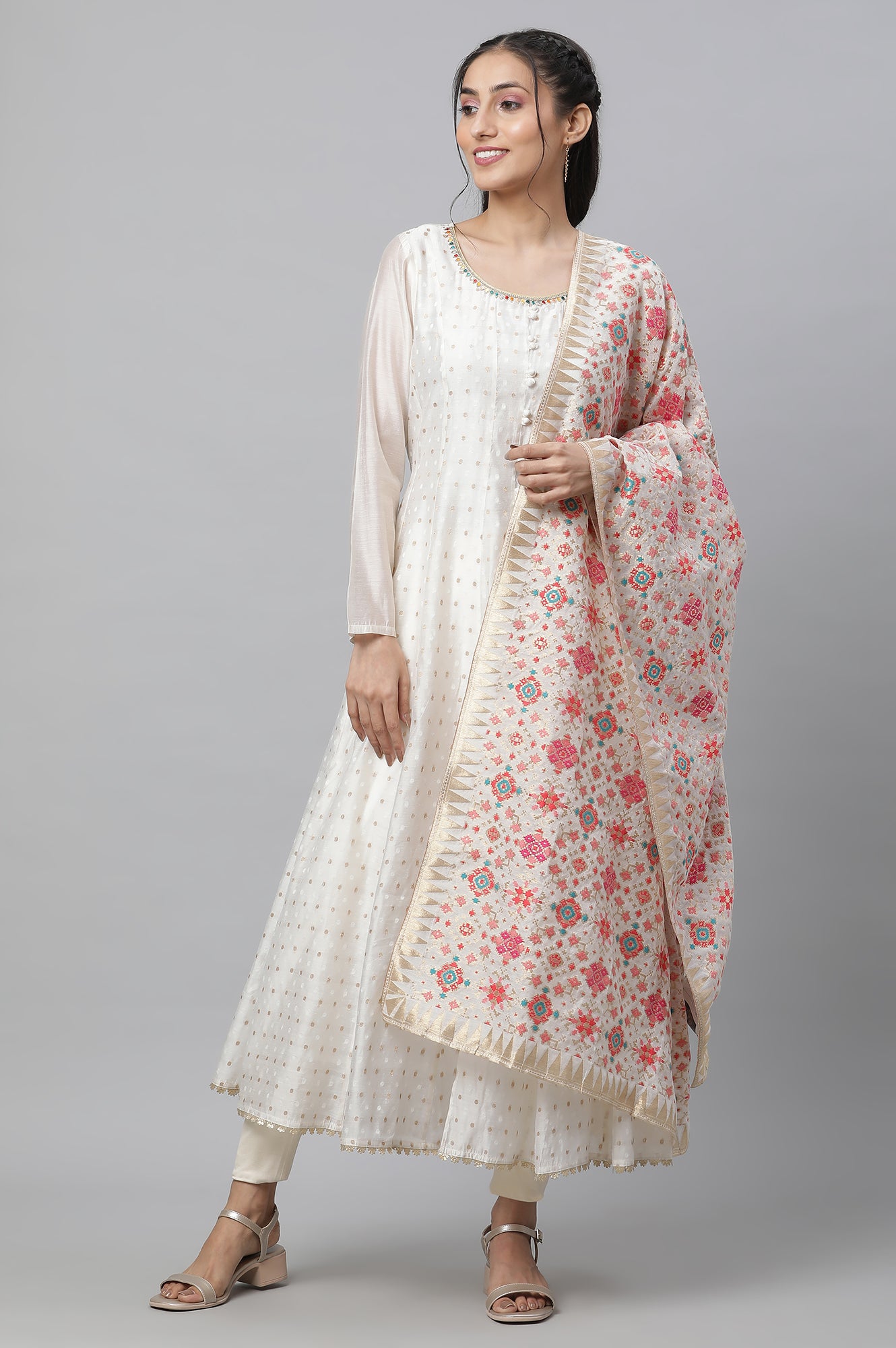 Off-Whote Embellished Flared Kurta, Tights and Jaquard Dupatta