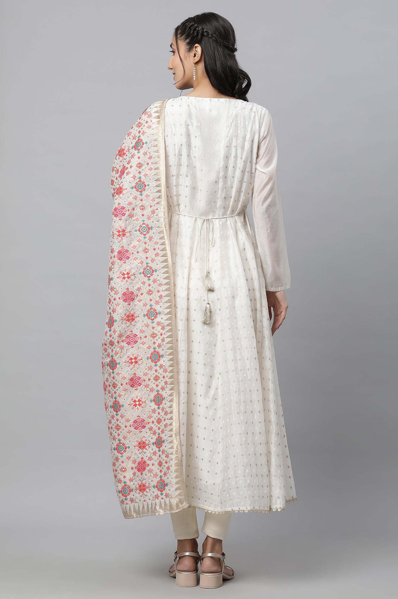 Off-Whote Embellished Flared Kurta, Tights and Jaquard Dupatta