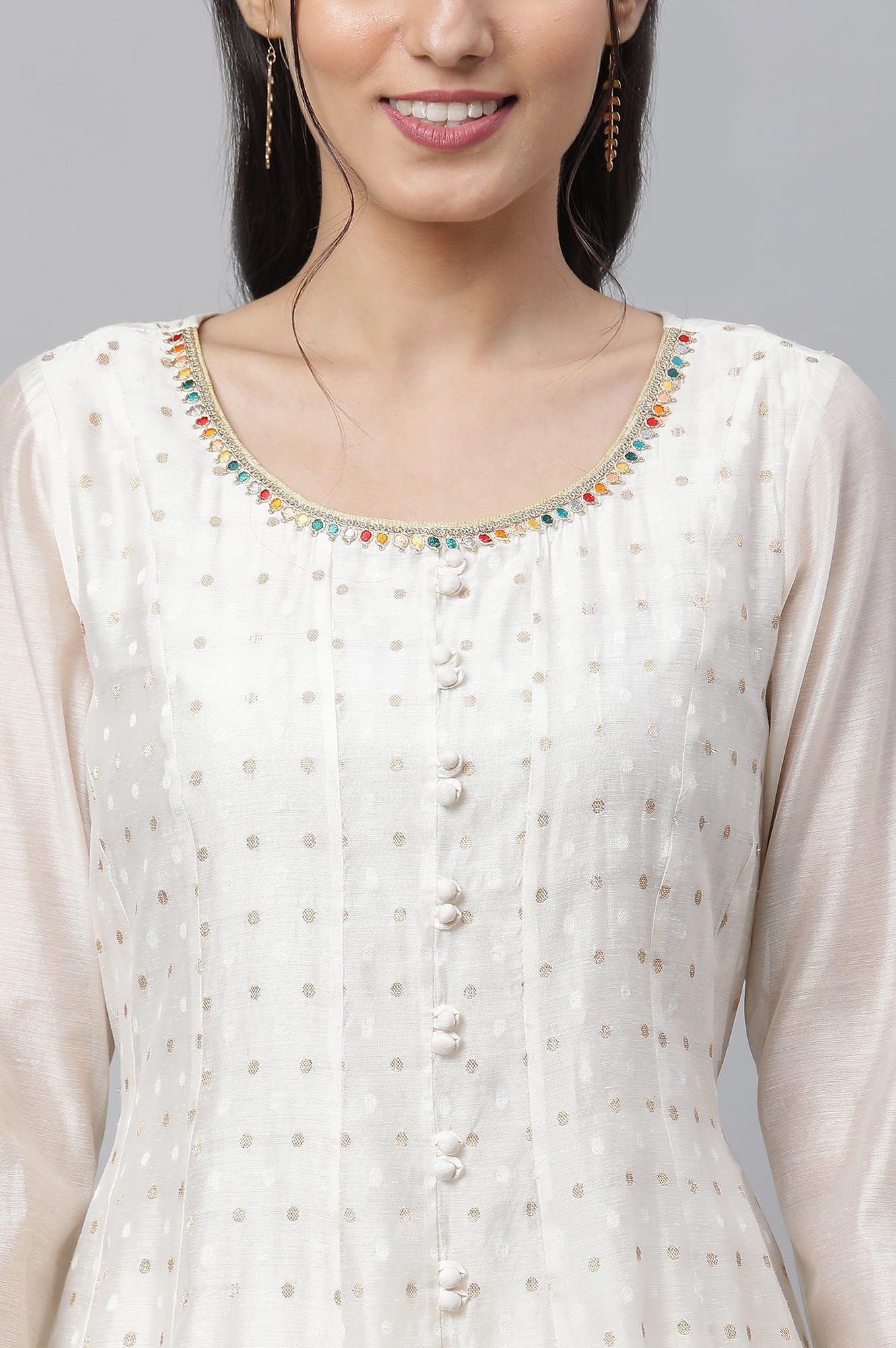 Off-Whote Embellished Flared Kurta, Tights and Jaquard Dupatta