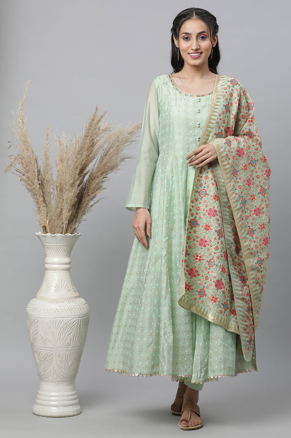 Light Green Flared Anarkali Chanderi Kurta, Tights a& Dupatta Set
