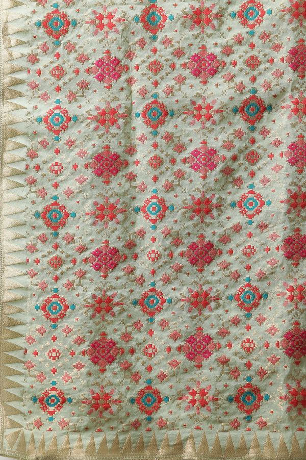 Light Green Flared Anarkali Chanderi Kurta, Tights a& Dupatta Set