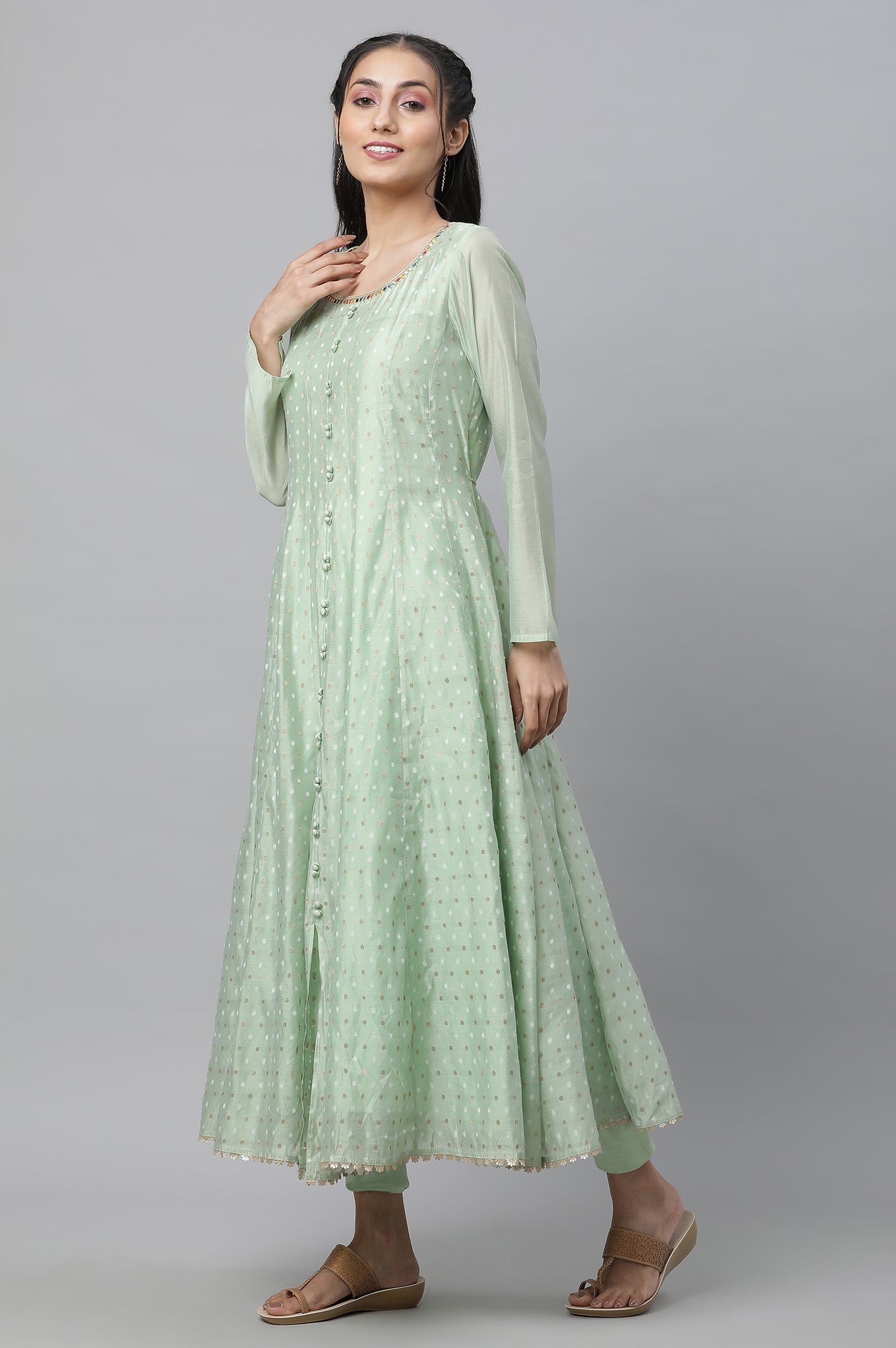 Light Green Flared Anarkali Chanderi Kurta, Tights a&amp; Dupatta Set