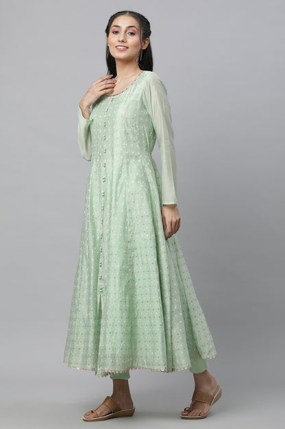 Light Green Flared Anarkali Chanderi Kurta, Tights a&amp; Dupatta Set