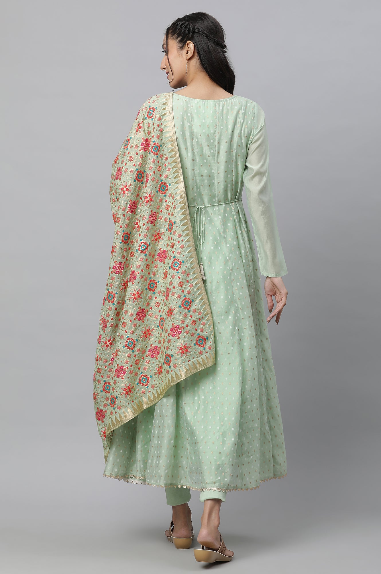 Light Green Flared Anarkali Chanderi Kurta, Tights a&amp; Dupatta Set