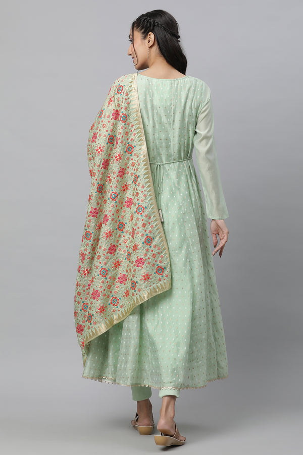 Light Green Flared Anarkali Chanderi Kurta, Tights a& Dupatta Set