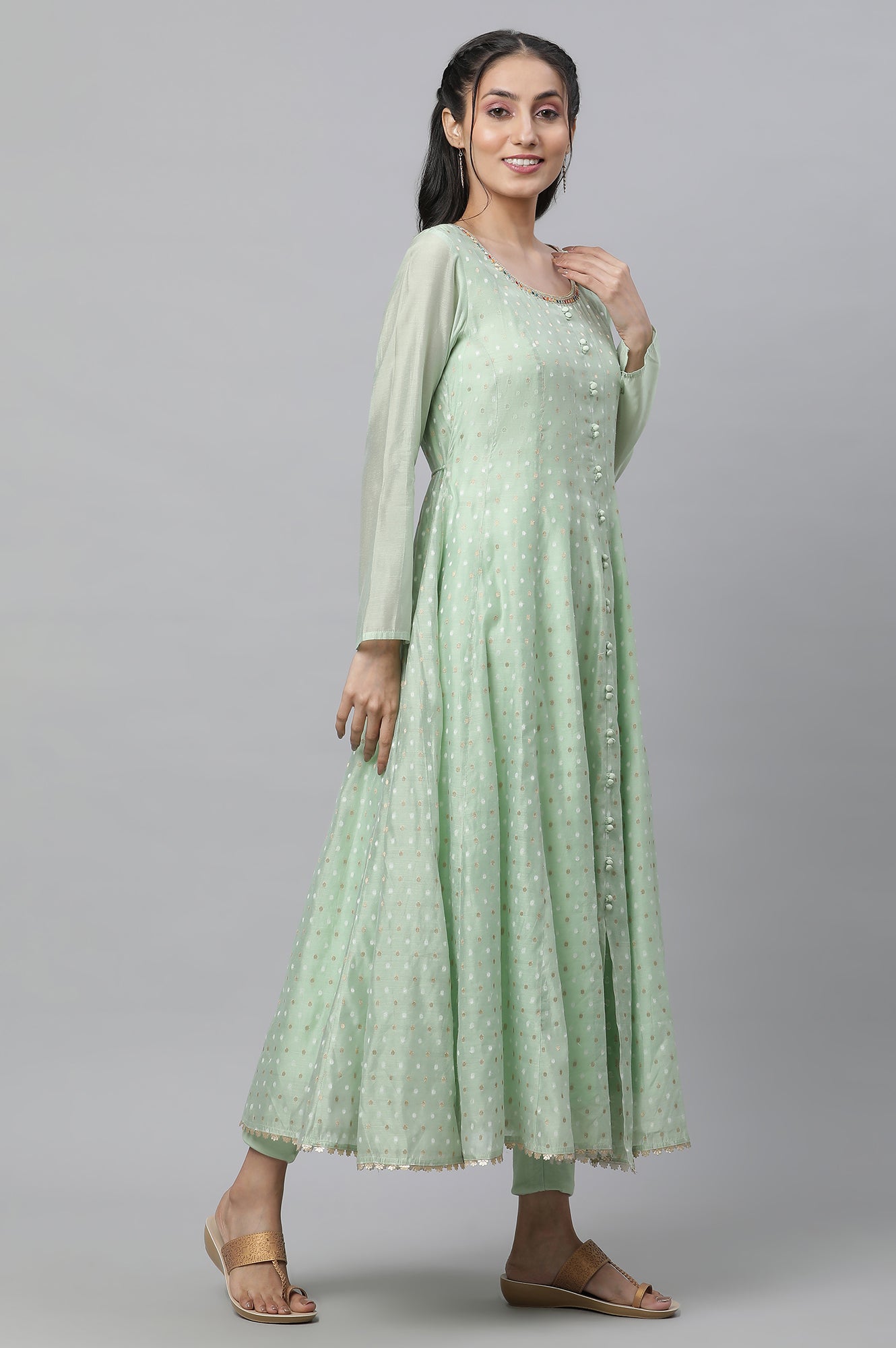 Light Green Flared Anarkali Chanderi Kurta, Tights a&amp; Dupatta Set