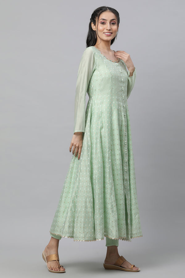 Light Green Flared Anarkali Chanderi Kurta, Tights a& Dupatta Set