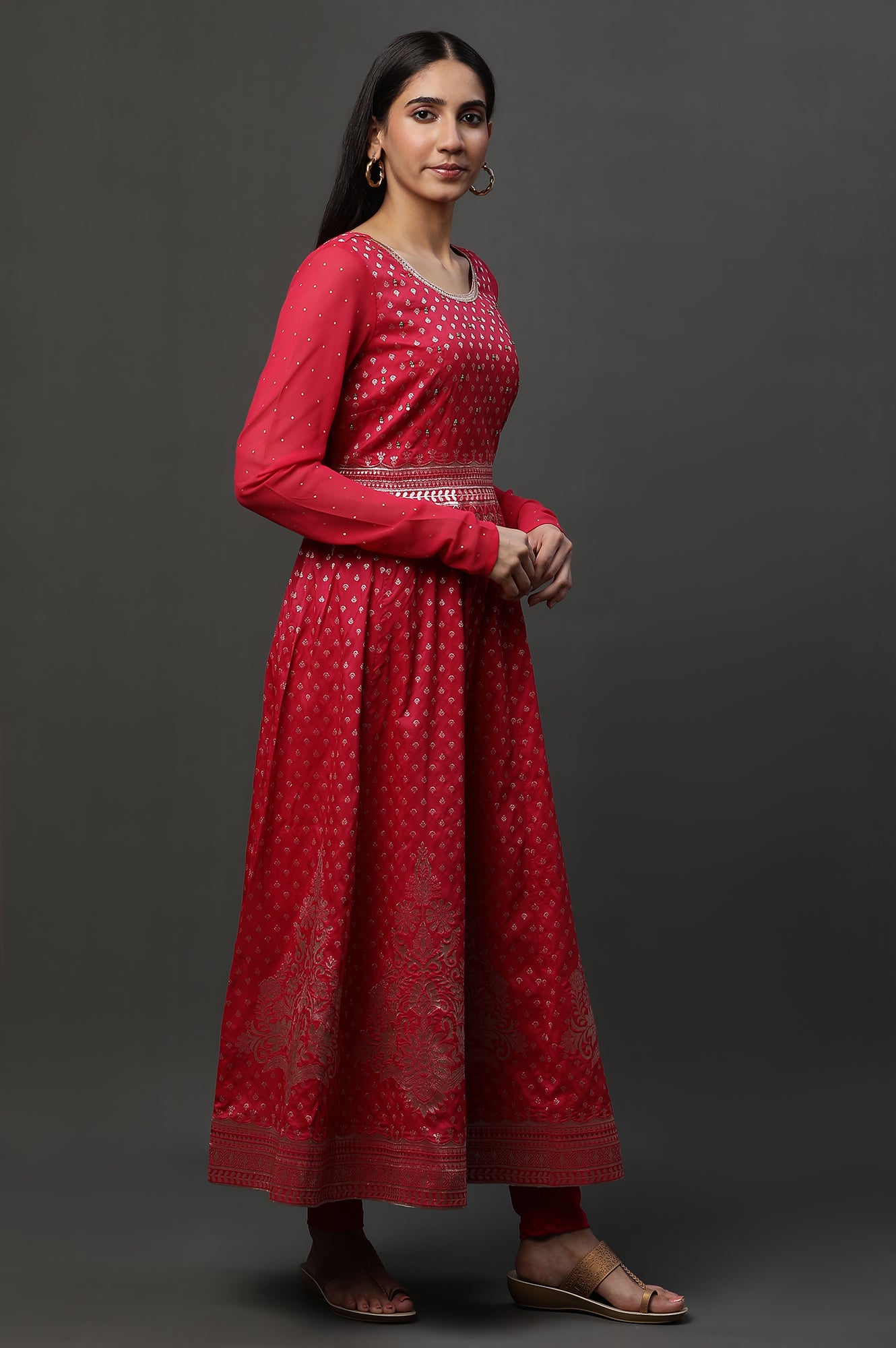 Pink Embellished Anarkali Festive Kurta, Tights and Dupatta Set