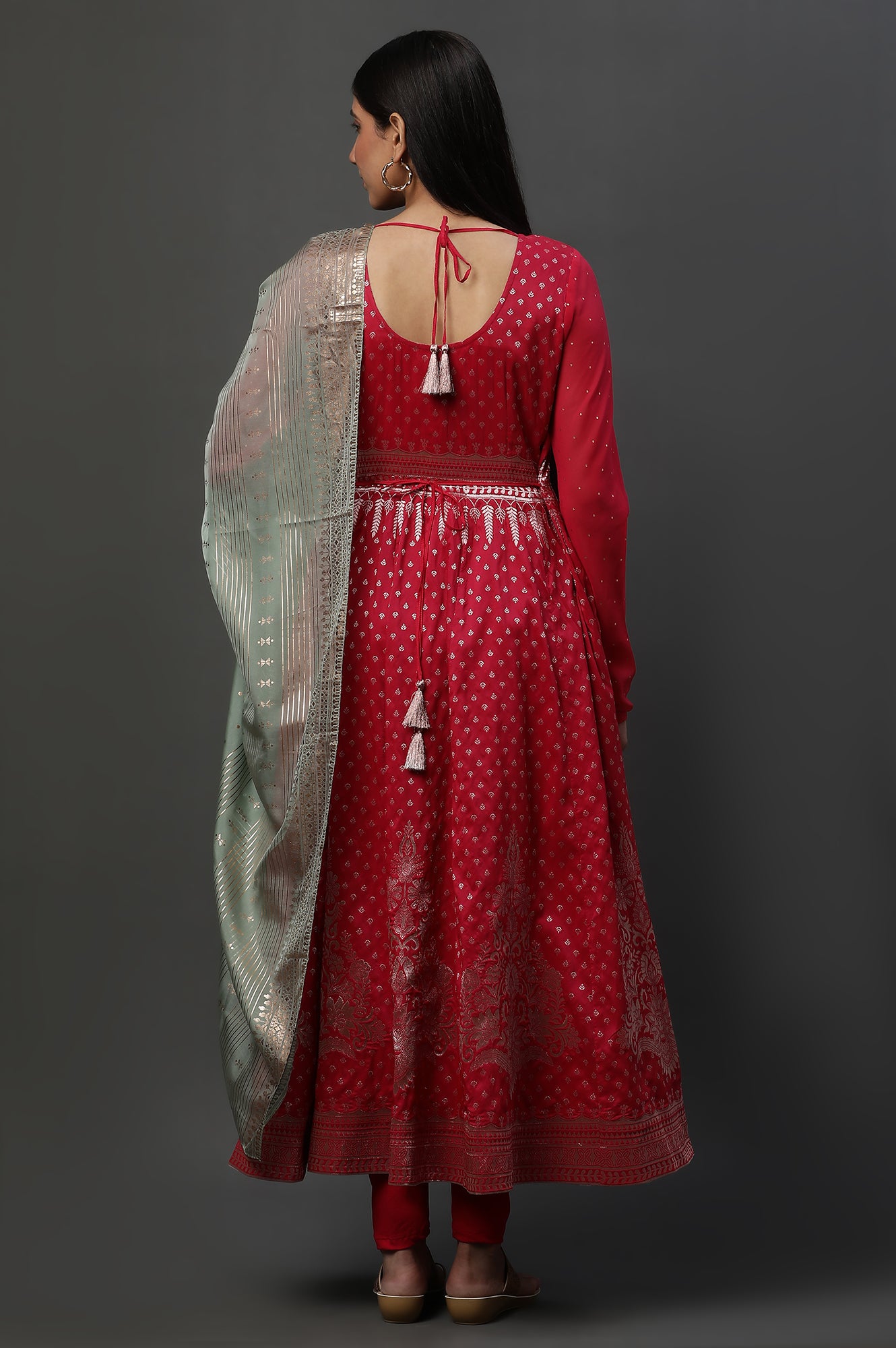 Pink Embellished Anarkali Festive Kurta, Tights and Dupatta Set