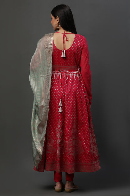 Pink Embellished Anarkali Festive Kurta, Tights and Dupatta Set