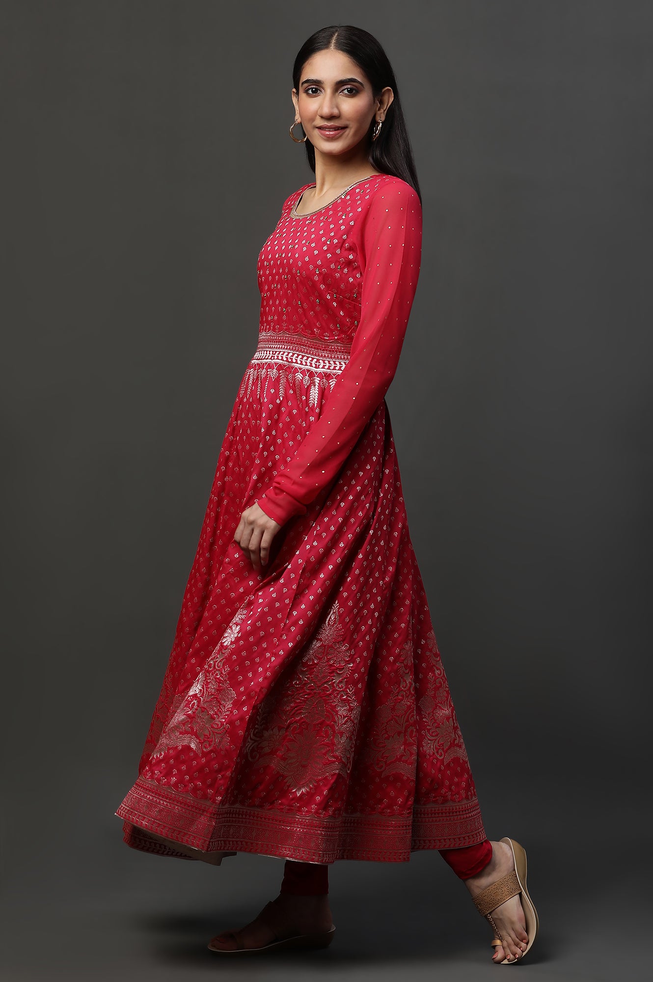 Pink Embellished Anarkali Festive Kurta, Tights and Dupatta Set