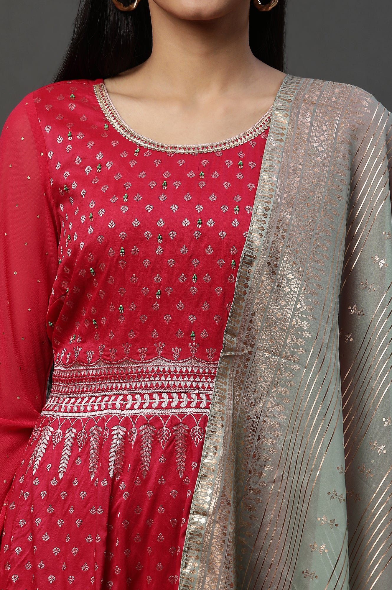 Pink Embellished Anarkali Festive Kurta, Tights and Dupatta Set