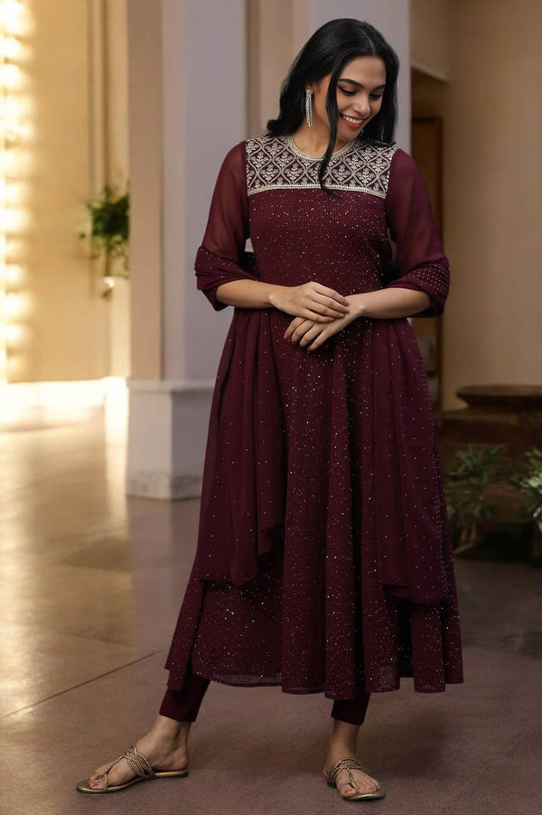 Purple Dori Embroidered Anarkali Kurta, Tights and Dupatta Set