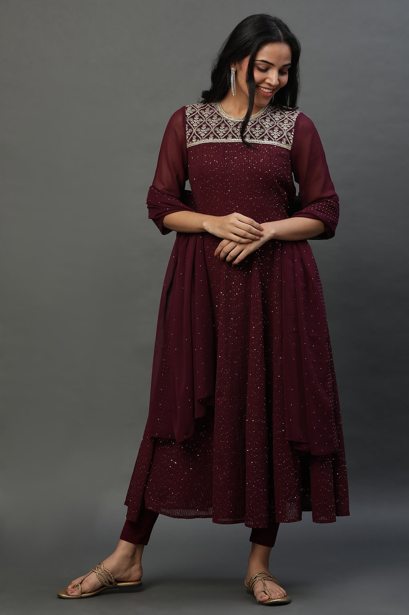 Blue Yarn-Dyed Anarkali Kurta, Tights and Dupatta Set