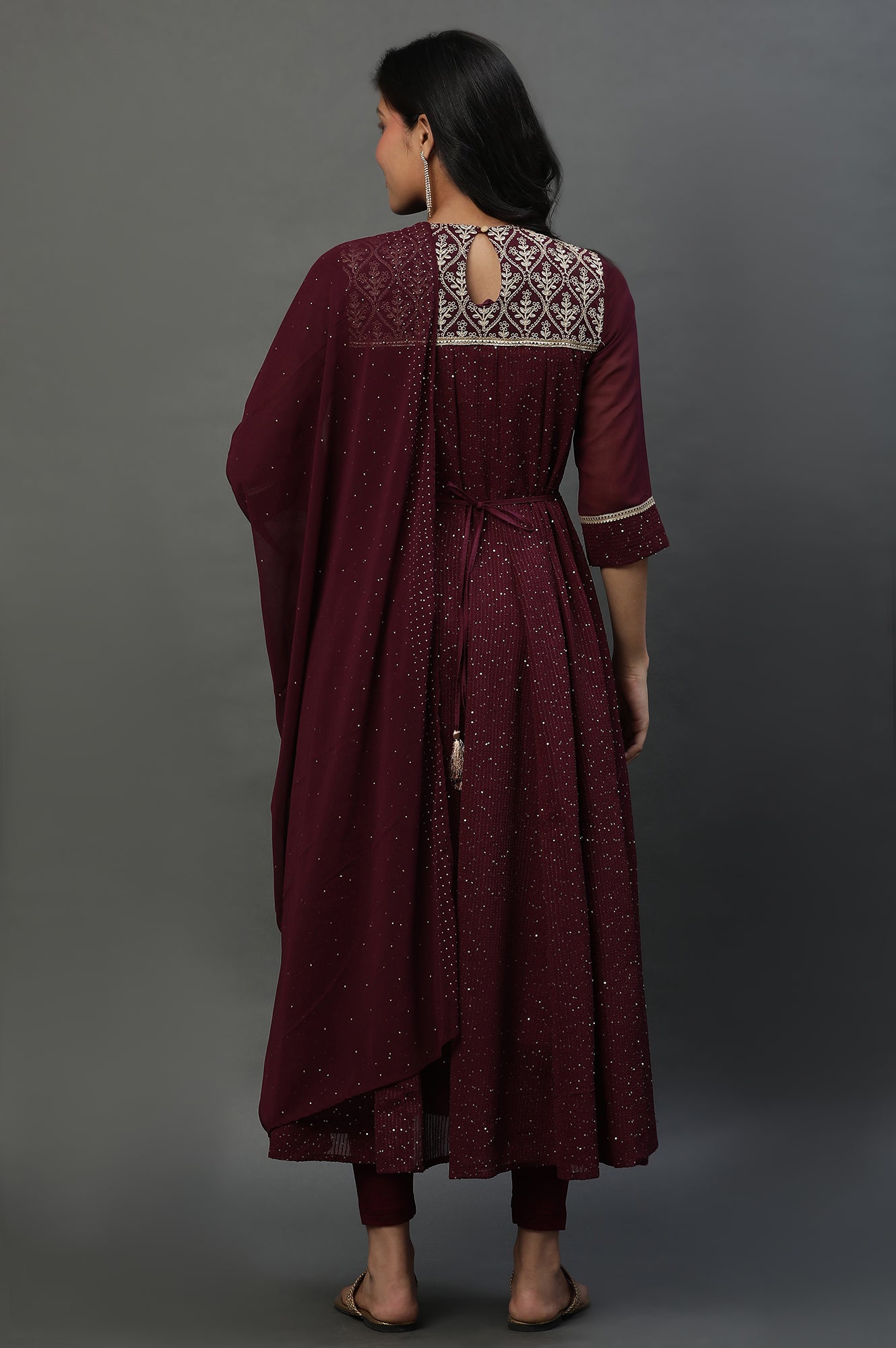 Women Purple Gold Print  Anarkali Kurta With Viscose Leggings & Net Dupatta